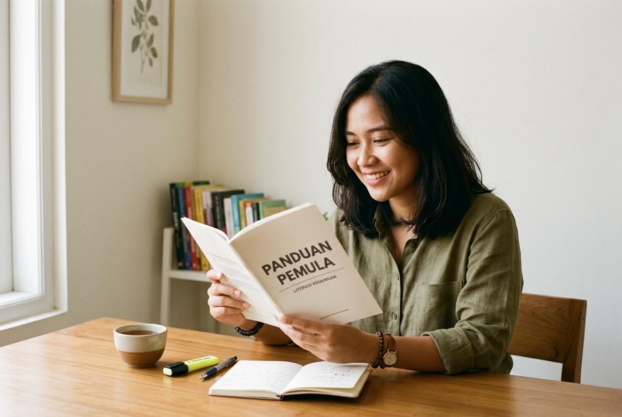 Perempuan Indonesia membaca buku panduan literasi investasi