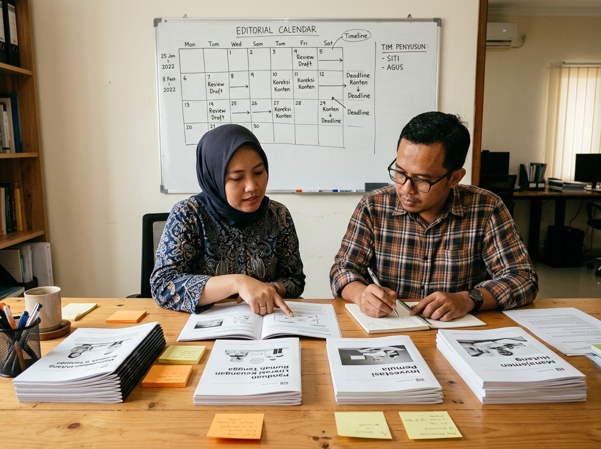 Tim editorial Ruang Pengenalan Investor mereview materi edukasi investasi di meja kerja Bekasi
